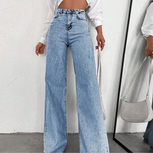 Medium Wash Casual Women's High Waist Wide Leg Jeans Slim Fit Denim Trousers